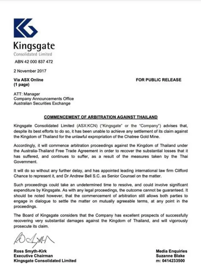 ที่ผ่านมา บ.คิงส์เกตฯ มีการสื่อสารถึงความคืบหน้าเกี่ยวกับคดีเหมืองทองอัครากับผู้ลงทุนและสาธารณะผ่านเอกสารชี้แจง ก.ล.ต. ออสเตรเลียมาโดยตลอด