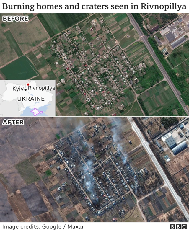 Images show before and afta one attack on Rivnopillya for Ukraine