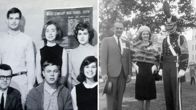 Hillary Clinton akiwa katika kundi la mdahalo wa sekondari , Donald Trump katika shule ya kijeshi