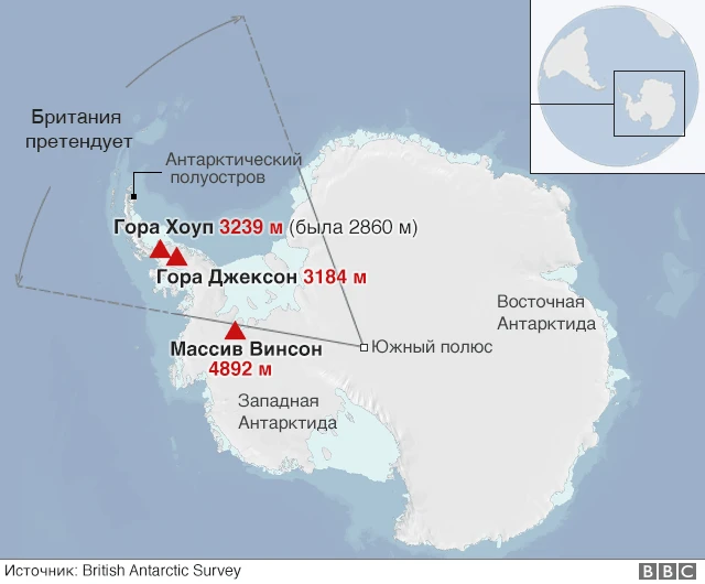 На карте Британской антарктической территории отмечены самые высокие горные вершины