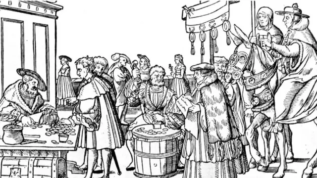 Fieles pagando por indulgencias, en un grabado de época