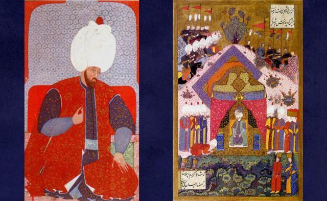 Solimán joven (derecha) y el sultán recibiendo a un embajador (izquierda) en una pintura de Matrakçı Nasuh.