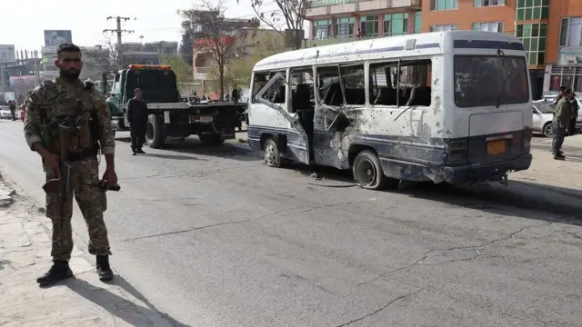 Scene of a roadside bomb that hit Afghan government employees in Kabul, Afghanistan, on March 18, 2021