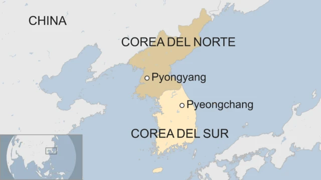 Un mapa de Pyeongchang y Pyongyang