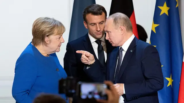 Макрон, Меркель, Путин на саммите по ситуации на Украине в Париже (архивное фото, 2019 год)