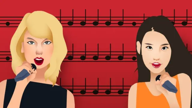 각각 한국과 미국의 인기 싱어송라이터인 아이유와 테일러 스위프트