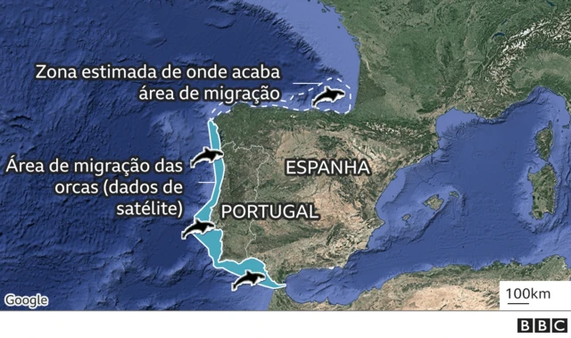 mapa da área habitada pelas orcas