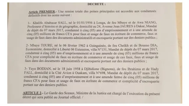 La grâce accordée à Khalifa Sall, Mbaye Touté et Yaya Bodian a été signée par Macky Sall.