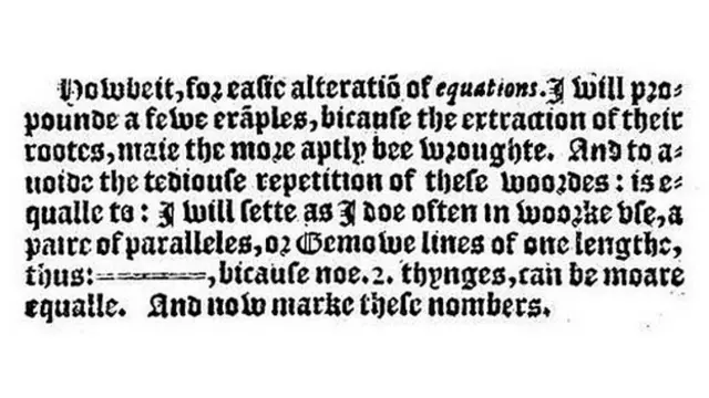 Explicación del símbolo = en el libro "The Whetstone of Witte", publicado hace 460 años.