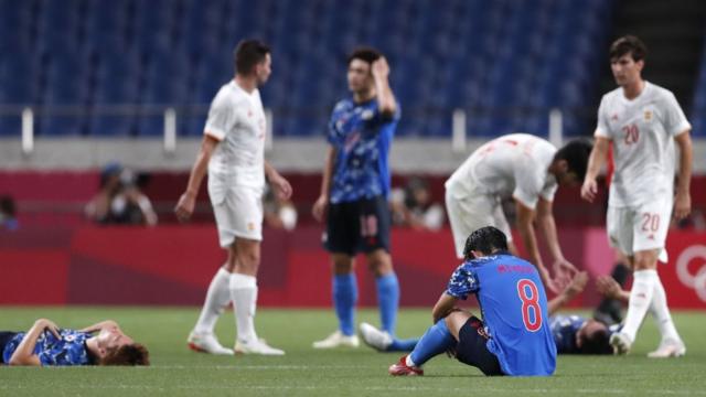 Japan's Koji Miyoshi reacts after loosing the men's soccer semi final match between Japan and Spain at the Tokyo 2020 Olympic Games in Saitama, Japan, 03 August 2021.