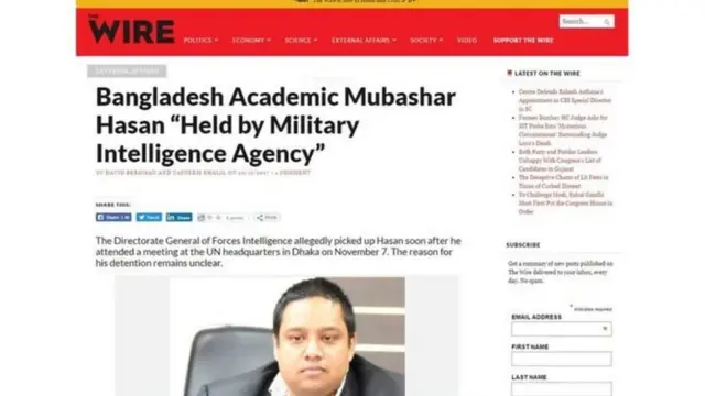 ভারতীয় একটি ওয়েবসাইট দ্য ওয়্যারে মোবশ্বার হাসানের নিখোঁজ হওয়ার খবর