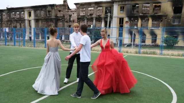 A group of students from school No. 134 in Kharkiv, Ukraine