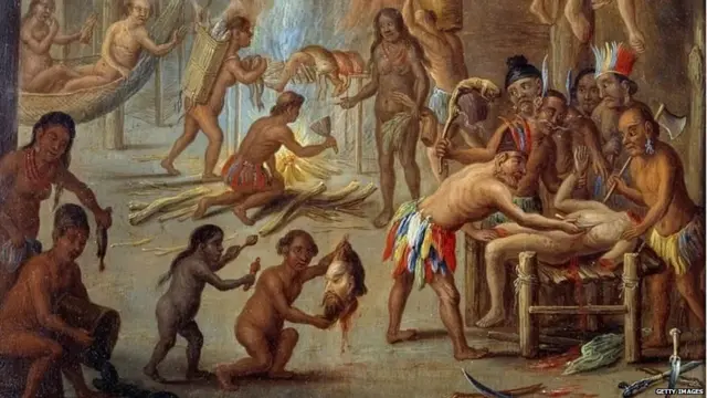 1644मध्ये ब्राझीलमधील नरभक्षणाचं एक दृश्य. यात स्थानिक लोक शत्रूंना खात आहेत.