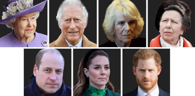 (왼쪽 위부터 시계방향으로) 엘리자베스 2세 여왕, 찰스 왕세자, 카밀라, 앤 공주, 해리 왕자, 캐서린, 윌리엄 왕자