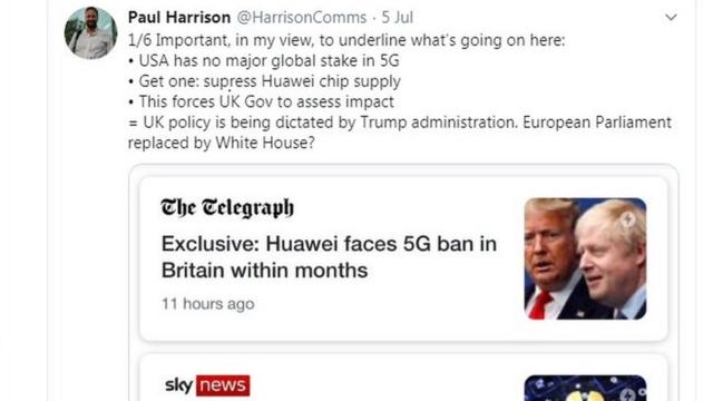 华为英国媒体公关的负责人哈里森发推特说，美国切断华位芯片供应，迫使英国政府重新评估华为
