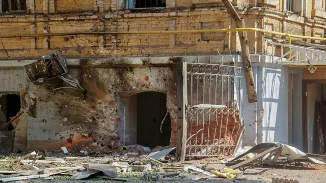 A shelled building in Kharkiv