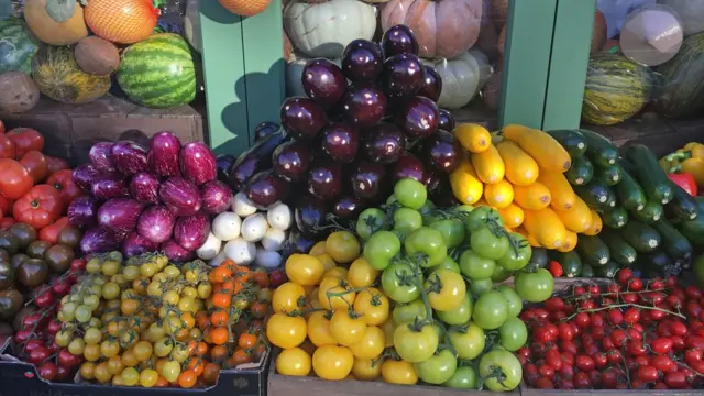 Colourful vegetables on sale at a greengrocer's shop in Crouch End, London