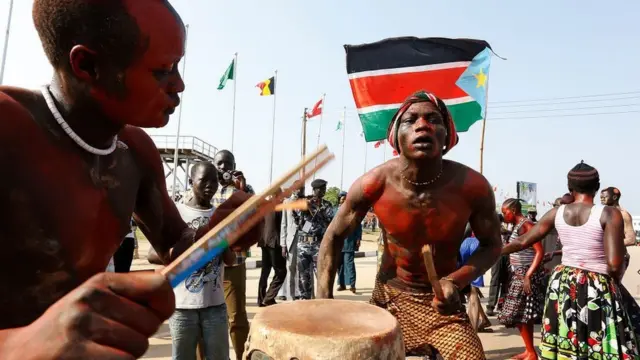 South Sudan youths beat drums during celebrations marking three years of independence in Juba on July 9, 2014.