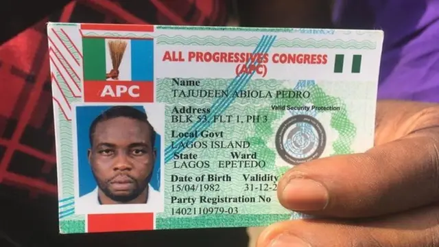 Id card of APC member wey come vote for di party primaries