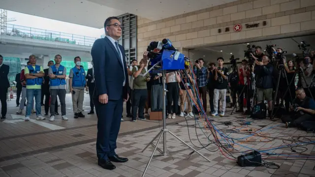 Steve Li Kwai-Wah, senior superintendent at Hong Kong Police Force's national security department, holds a press conference following a verdict for 47 pro-democracy activists in Hong Kong, China, 30 May 2024. A court in Hong Kong on 30 May convicted 14 defendants over 'conspiracy to subvert the state power' under the national security law, while two were acquitted, in trial of 47 prominent pro-democracy figures in Hong Kong arrested and charged in 2021.