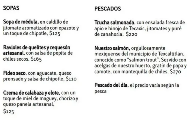 Menú del restaurante Amaranta, de Toluca, México, uno de los mejores de Latinoamérica.