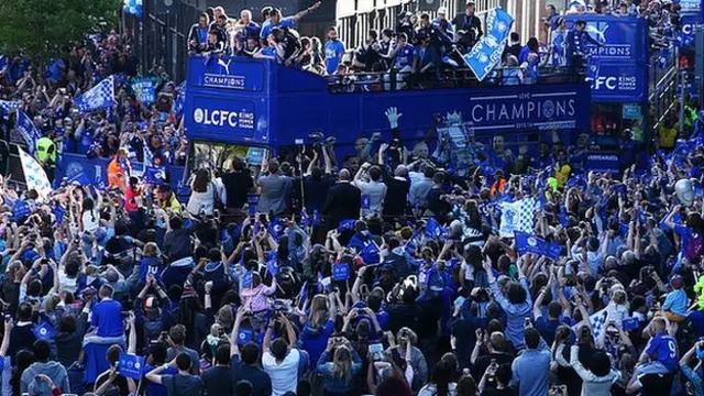 Leicester celebrate their 2015-16 Premier League title during an open-top bus parade