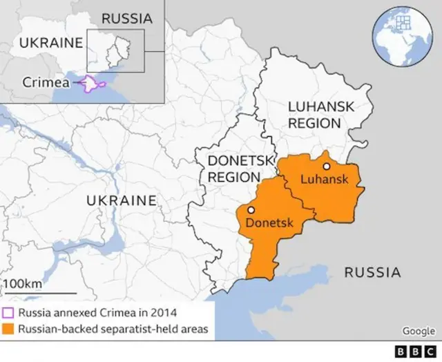 The Ukrainian regions of Donetsk and Luhansk, with the breakway regions highlighted