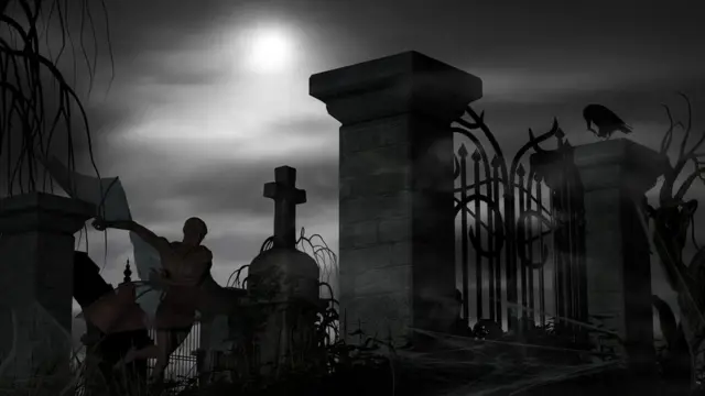 Kladbiщenskaя ograda i temnaя figura