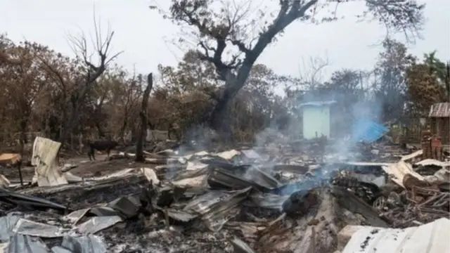 রাখাইন রাজ্যে আগুনে পোড়া একটি গ্রাম