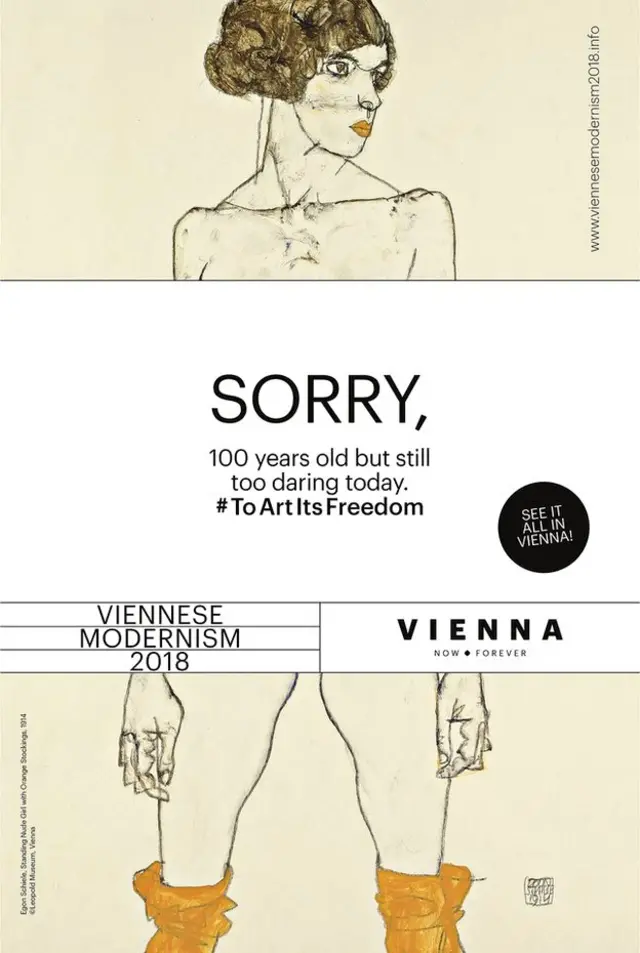 "Mujer desnuda con medias naranja" en poster de la campaña del Modernismo Vienés