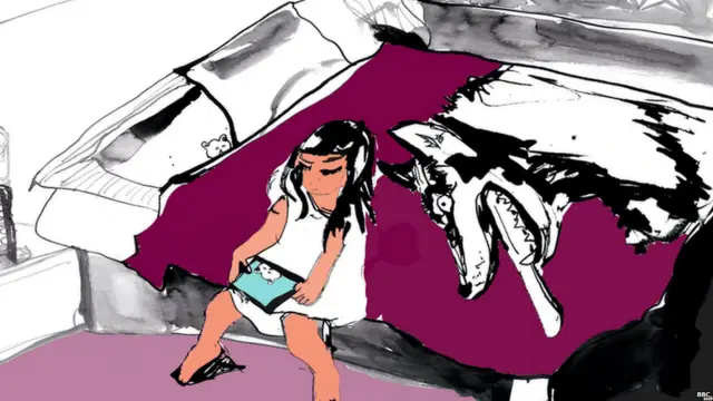 Illustration of girl sat on bed with wolf watching