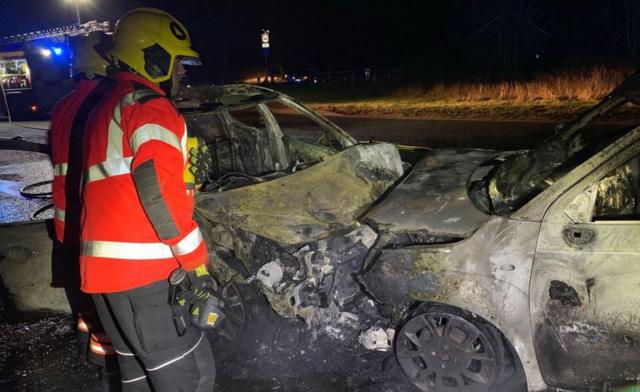 A141 March car crash leaves two cars in flames