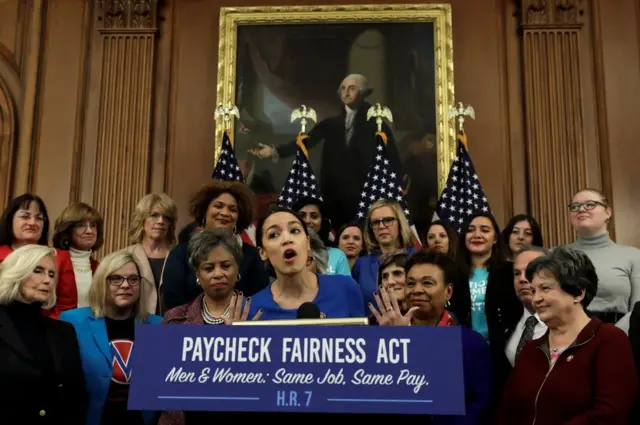 Democratic congresswoman Alexandria Ocasio-Cortez speaks at House Democrats news conference