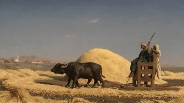 لوحة "دارسو الحبوب" 1819 لجيروم التي تصور الحياة اليومية في قرية مصرية