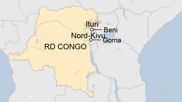Carte de la RD Congo qui nous montre l'Ituri et le Nord-Kivu
