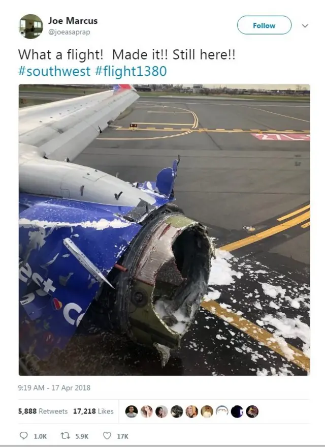 ภาพความเสียหายของเครื่องยนต์ของเครื่องบินลำดังกล่าวที่ได้รับการเผยแพร่โดยผู้โดยสารรายหนึ่งทางสังคมออนไลน์