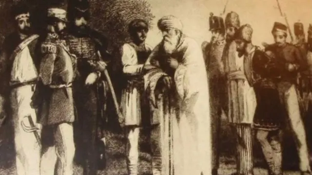 दिल्ली के मुग़ल बादशाह बहादुर शाह ज़फ़र के आत्मसमर्पण की तस्वीर. उन्हें दिल्ली से बर्मा ले जाया गया था