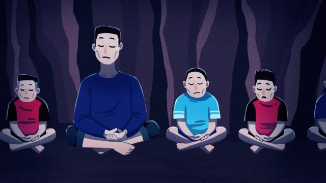 Ilustração: técnico ensina meninos a meditar