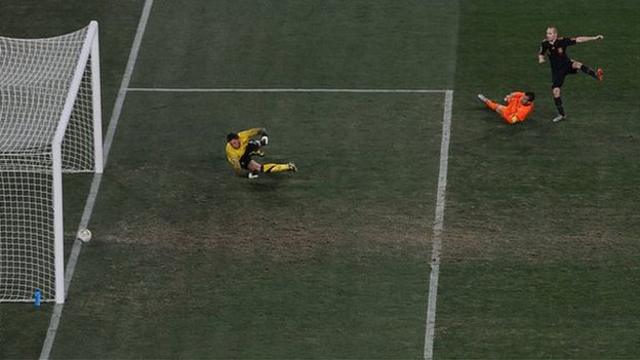 Andres Iniesta's shot in extra time of the World Cup final 2010