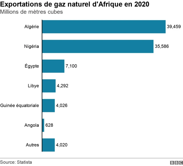 Graphique des exportations de gaz naturel de l'Afrique en 2020