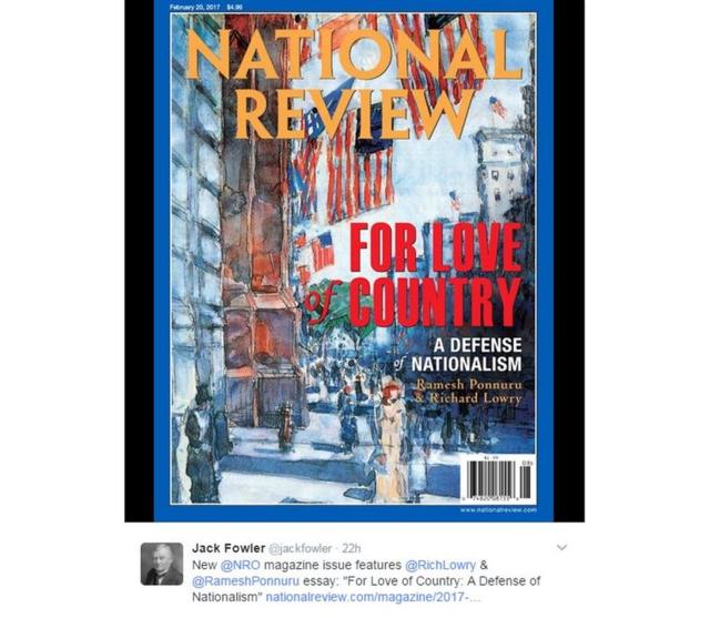 La tapa de la revista National Review: "For love of country: A defence of nationalism" (Por amor al país: una defensa del nacionalismo)