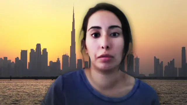 Sheikha Latifa bint Mohammed Al Maktoum with Dubai skyline behind