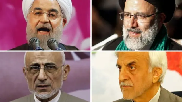 المرشحون الأربعة للرئاسة الإيرانية من أعلى اليمين: إيراهيم رئيسي وحسن روحاني ومصطفى ميرسليم ومصطفى هاشمي طابا.