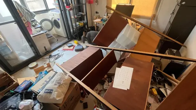 A view of a damaged apartment following an earthquake offshore, in New Taipei City, Taiwan April 3, 2024.