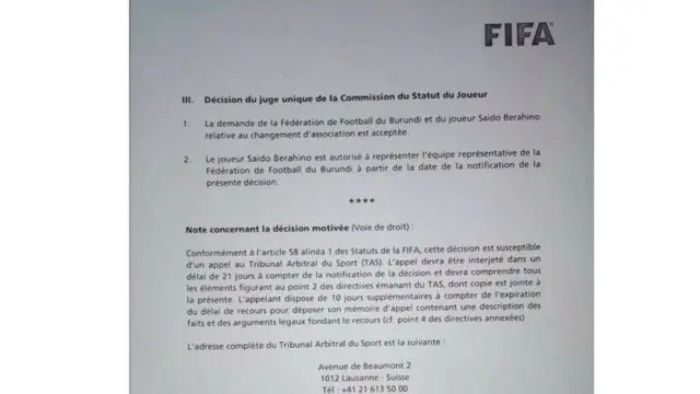 Urwandiko rwa FIFA ruha uburenganzira Saido berahino gukinira Uburundi