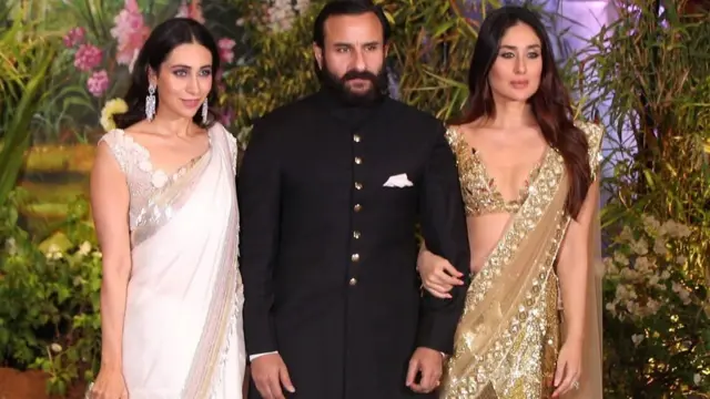 Saif Ali Khan da matarsa Kareena Kapoor da 'yar uwarta Karishma Kapoor a wajen walimar Sonam Kapoor
