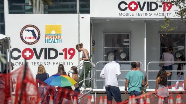 People queue to get the COVID-19 coronavirus walk-up testing service at the Mobile Testing Facility at Miami Beach Convention Center in Miami Beach, Florida, USA, 13 November 2020