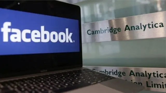 Computer wey show facebook logo and wall wey get Cambridge Analytica for am