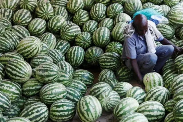 A man arranges watermelons as he waits for customers.