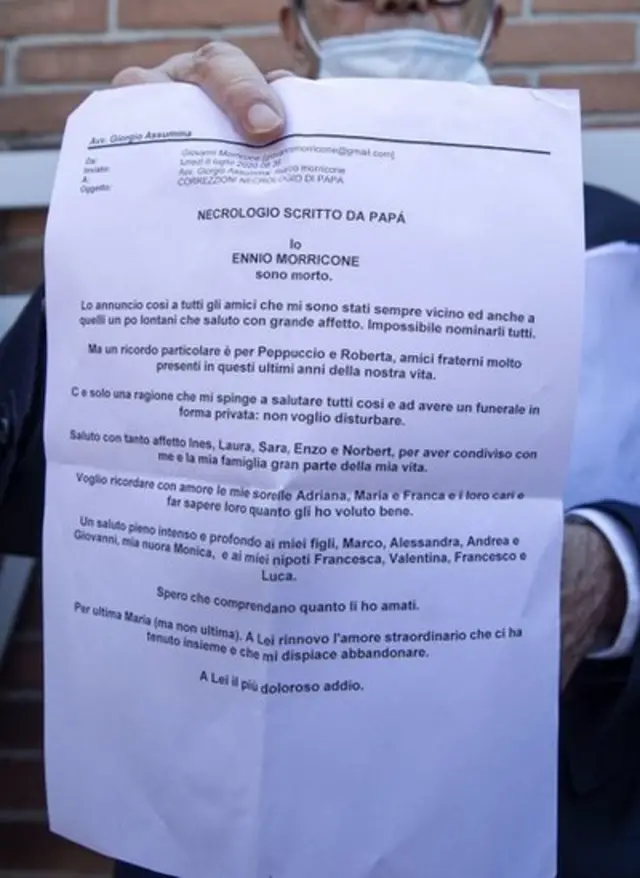 Carta de despedida de Ennio Morricone